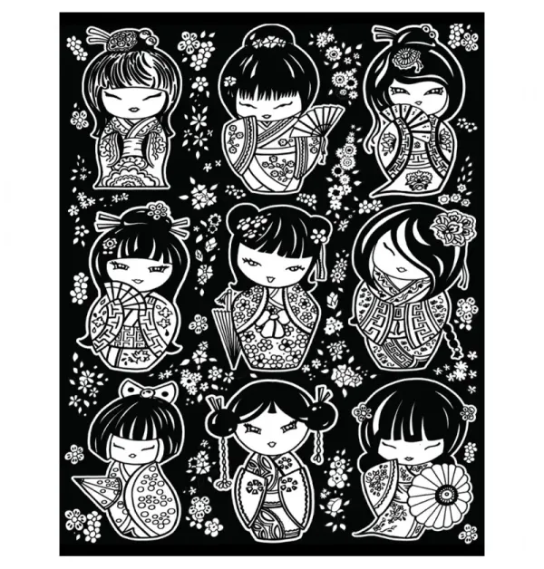 Cuadro para Colorear "Muñecas Kokeshi de Kioto" 🎎🌸✨